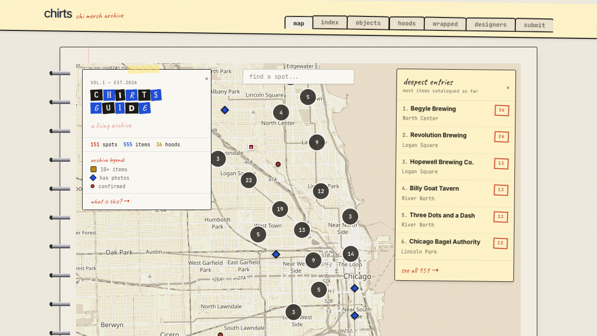 Chirts: Chicago Merch Archive living map cataloging branded apparel across 151 spots and 36 neighborhoods