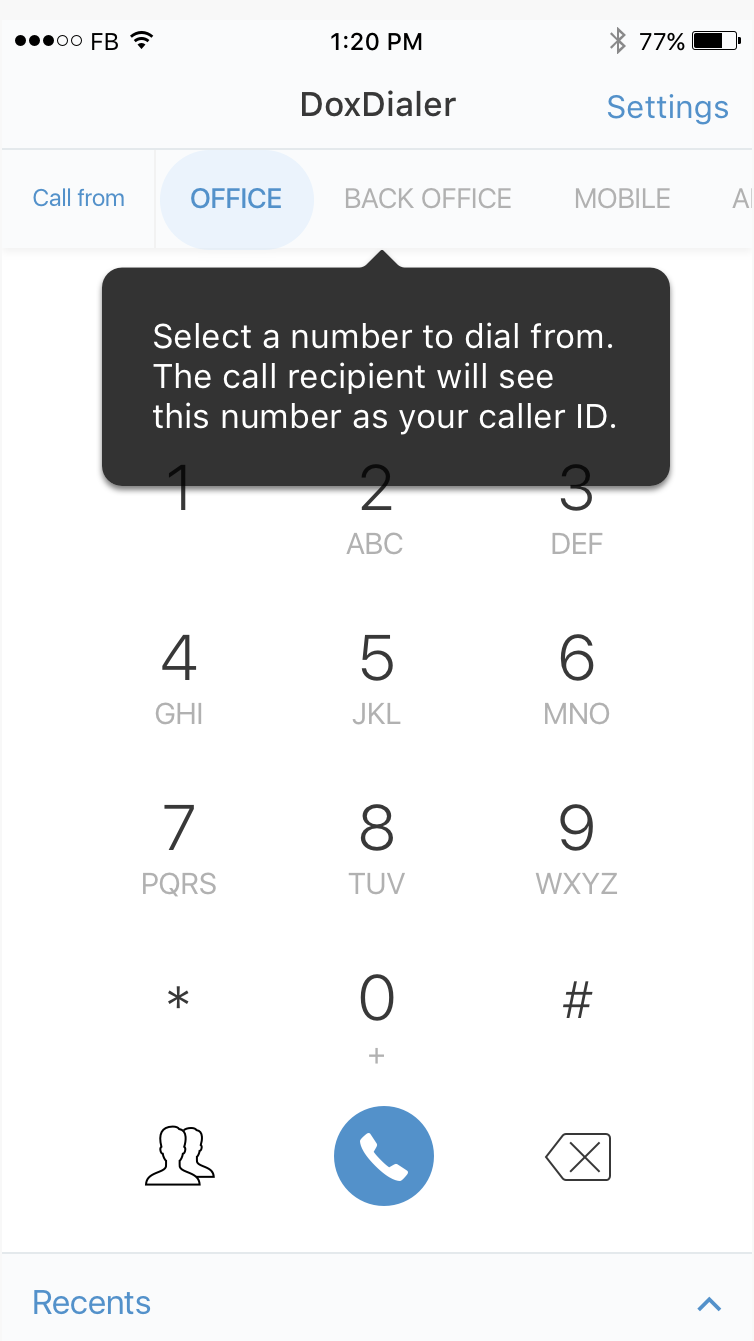 Doximity Dialer with a 'Call from' selector set to OFFICE, and a tooltip reading 'Select a number to dial from. The call recipient will see this number as your caller ID.'
