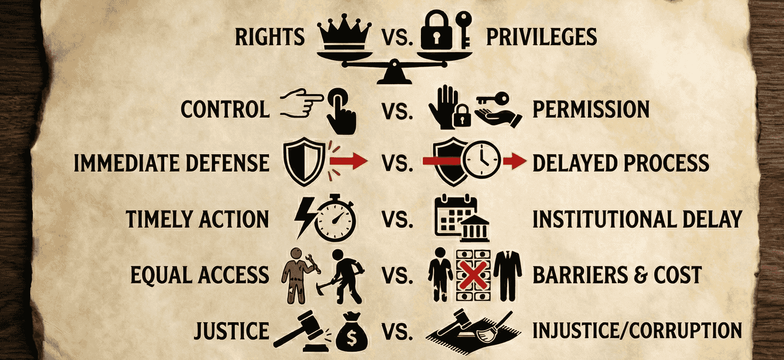 What rights actually are — the machinery that moves when the sentence is violated